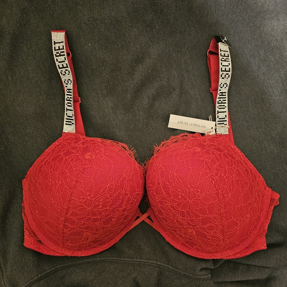 Red Lace Bra with Embellished Straps